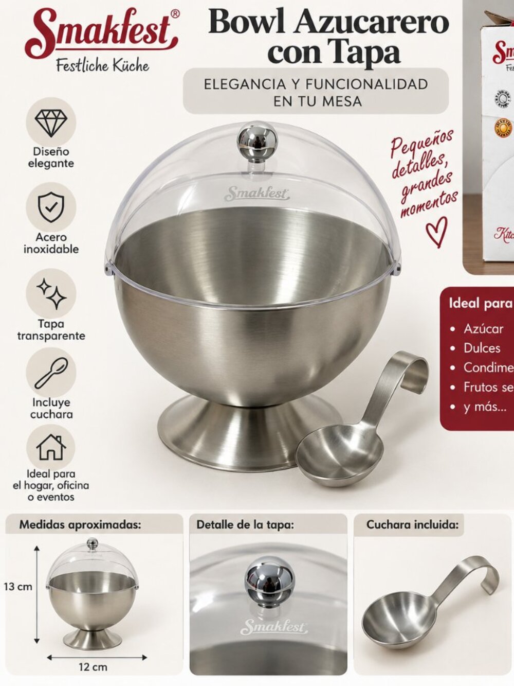 Bowl Azucarero Smakfest de Acero Inoxidable con Tapa y Cuchara – Nuevo